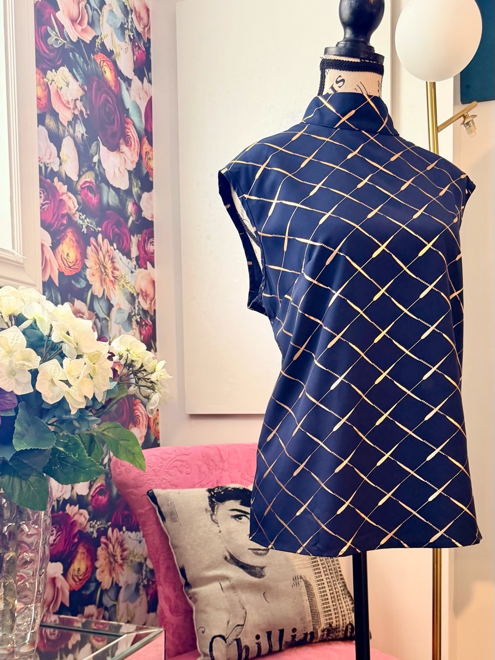 Sleeveless Navy Grid-Print Mock Neck Top